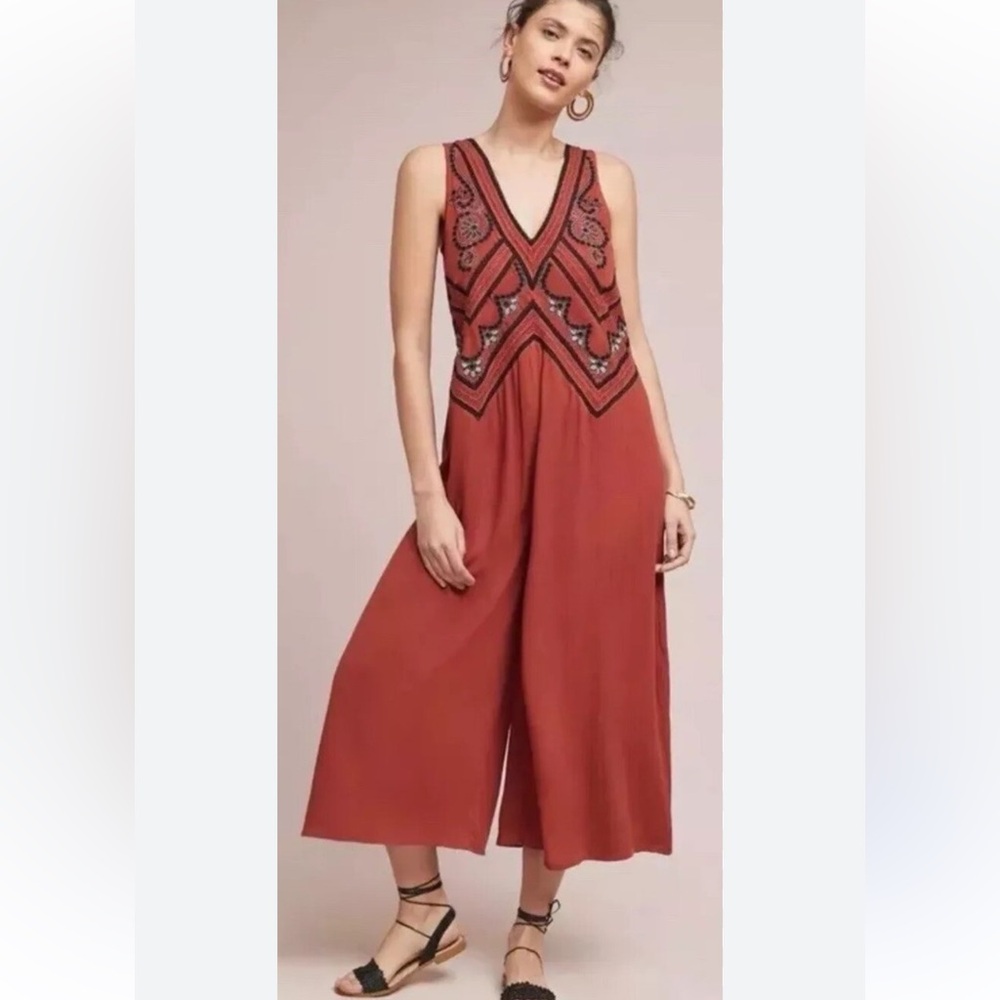 Anthropologie | Maeve | Rust Red Embroidered Wide-Leg Jumpsuit